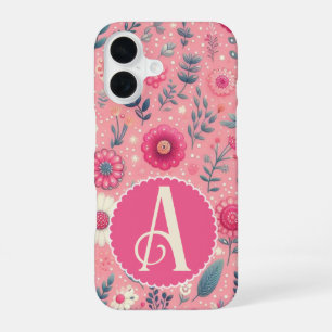 Coque iPhone 16 Fleurs enchaînées monogrammes roses personnalisées