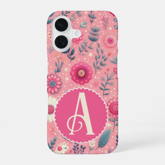 Coque iPhone 16 Fleurs enchaînées monogrammes roses personnalisées (Verso)