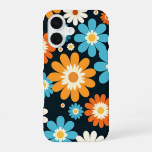 Coque iPhone 16 Fleurs Florales Rétro Bleu Orange Blanc Groovy 