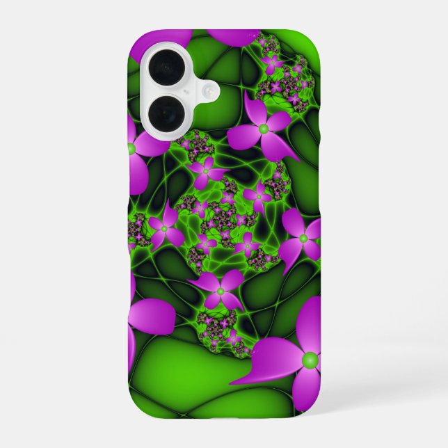Coque iPhone 16 Fleurs fractales Abstraites de néon rose vert (Verso)