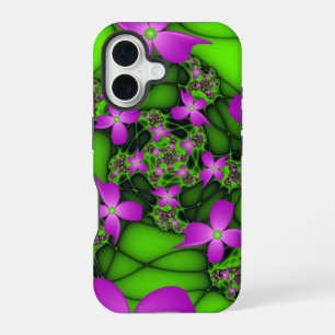 Coque iPhone 16 Fleurs fractales abstraites modernes néon rose ver