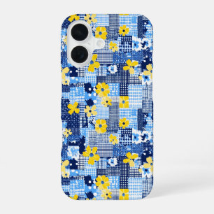 Coque iPhone 16 Fleurs jaunes motif bleu