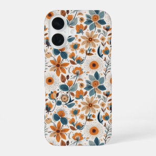 Coque iPhone 16 Fleurs orange bleu botaniques Cottagecore vintage
