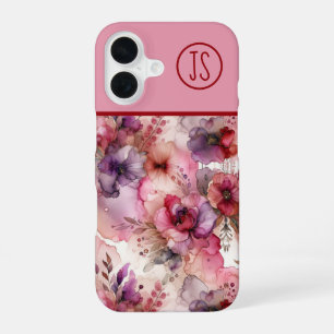 Coque iPhone 16 Fleurs roses et violettes encre alcoolique personn