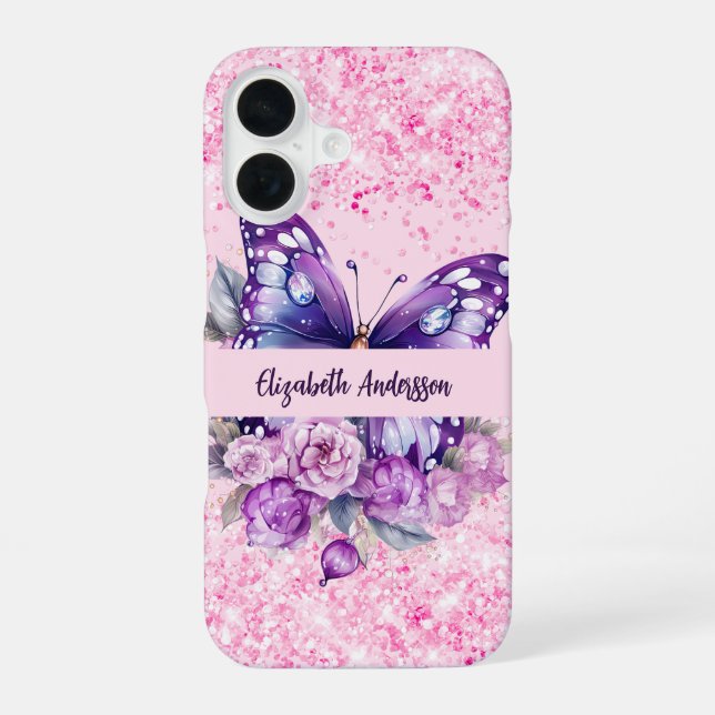 Coque iPhone 16 Fleurs roses violettes papillon (Verso)