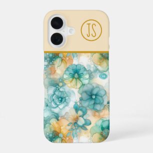 Coque iPhone 16 Fleurs sarcelle et jaune Encre alcoolique Monogram