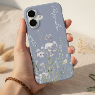 Coque iPhone 16 Fleurs sauvages aquarelles bleu poussiéreux Boho