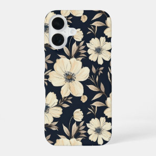 Coque iPhone 16 Fleurs sauvages bleues marine beige Rustique Flora