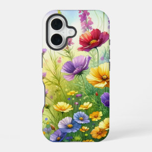 Coque iPhone 16 Fleurs sauvages botaniques jaunes, violettes et ro