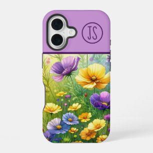 Coque iPhone 16 Fleurs sauvages jaunes et violettes monogrammées