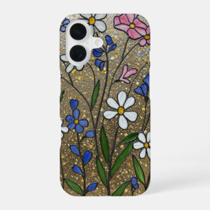 Coque iPhone 16 Fleurs sauvages Rose Blanc Or illusion verre cathé