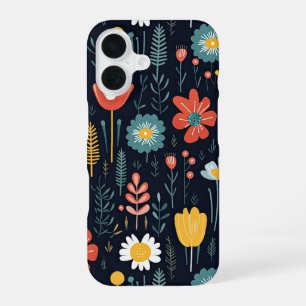 Coque iPhone 16 Fleurs sauvages vibrantes sur fond bleu marine