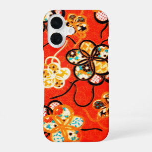 COQUE iPhone 16 FLEURS STYLISÉES , RUBANS NOIRS BLANCS ROUGE ÉCLAI