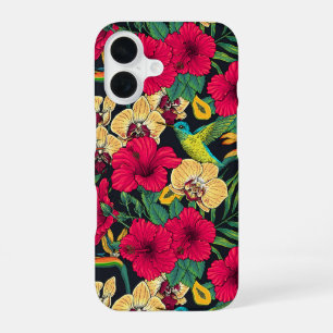 Coque iPhone 16 Fleurs tropicales et colibri - Botanica d'été