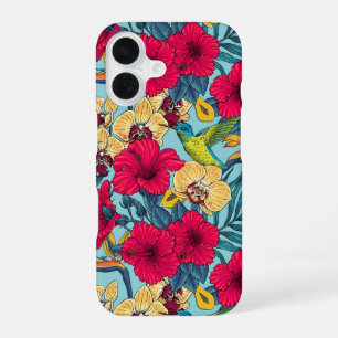 Coque iPhone 16 Fleurs tropicales et colibri - Botanica d'été