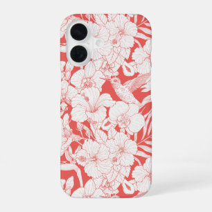 Coque iPhone 16 Fleurs tropicales et colibri en corail et dépareil
