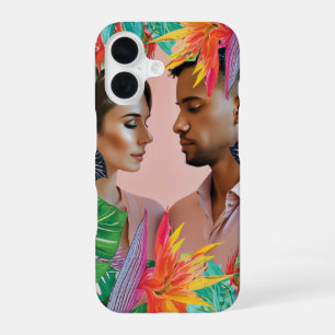 Coque iPhone 16 Fleurs tropicales roses néon chaudes Plumes de jun