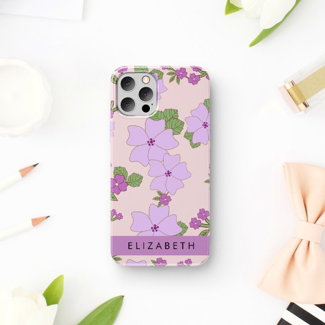 Coque iPhone 16 Fleurs Violettes, Motif De Fleurs, Votre Nom (Créateur téléchargé)