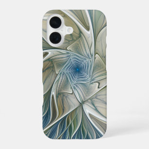 Coque iPhone 16 Floral Dream Motif Abstrait Blue Khaki Fractal