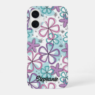 Coque iPhone 16 Flore - Doodle Flowers avec étoiles et marques