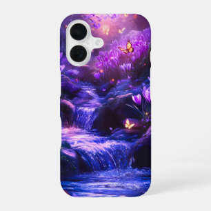 Coque iPhone 16 Flores en cascade de lavande de minuit