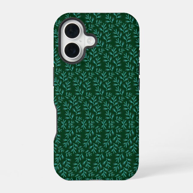 Coque iPhone 16 Fond vert foncé avec feuilles botaniques sarcelle (Verso)