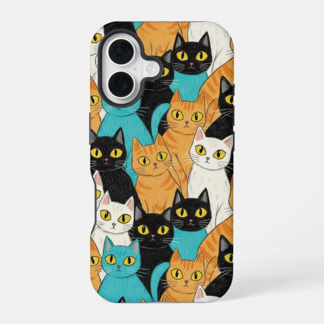 Coque iPhone 16 Foule de chats au crayon fantaisiste (Verso)