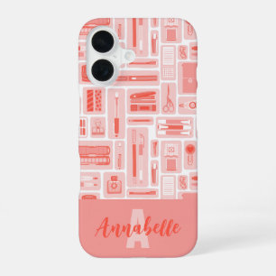 Coque iPhone 16 Fournitures d'art mignonne Coral Rouge Motif Monog