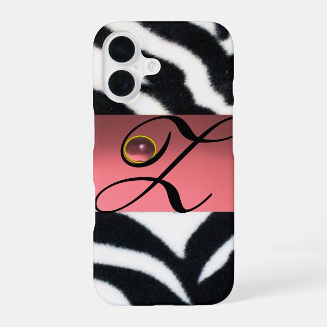 COQUE iPhone 16 FOURRURE DE ZÈBRE NOIR BLANC AVEC MONOGRAMME GEMME (Verso)