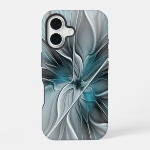 Coque iPhone 16 Fractal Floral Moderne Abstrait Fleur Bleu Gris