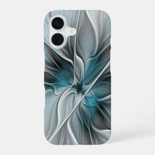 Coque iPhone 16 Fractal Floral Moderne Abstrait Fleur Bleu Gris