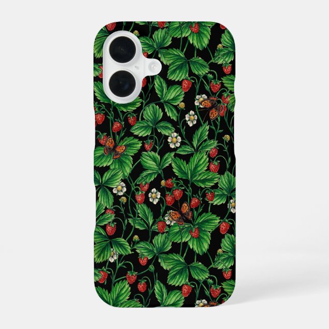 Coque iPhone 16 Fraises des bois sur fond noir (Verso)