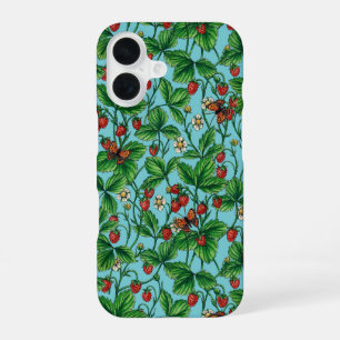 Coque iPhone 16 Fraises sauvages sur bleu piscine