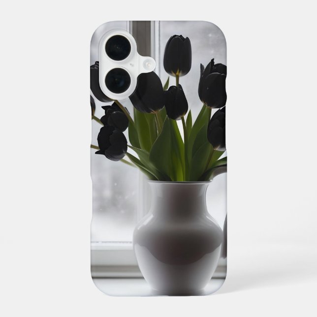 Coque iPhone 16 "Frosted Elegance: Black Tulips in a White Vase (Verso)