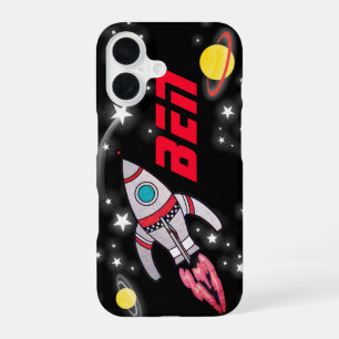 Coque iPhone 16 Fusée spatiale noire et rouge pour enfants