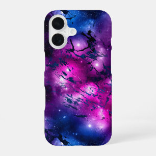 Coque iPhone 16 Galaxie Glow Marbre cosmique bleu violet et rose