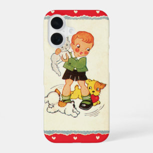 Coque iPhone 16 Garçon vintage sauvant un chaton de chiots de cour
