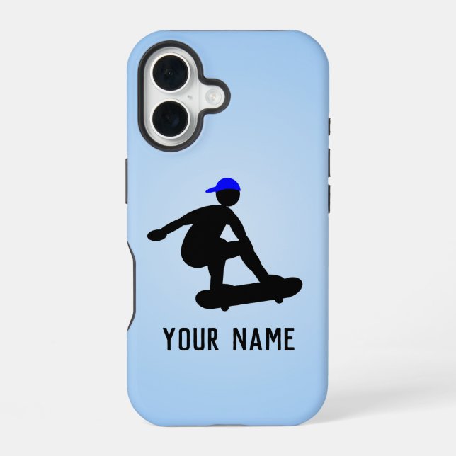Coque iPhone 16 Gars en skateboard faisant des tricks - bleu cool  (Verso)