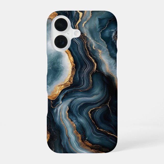 Coque iPhone 16 Géode d'Agate avec or et marbre bleu marine (Verso)