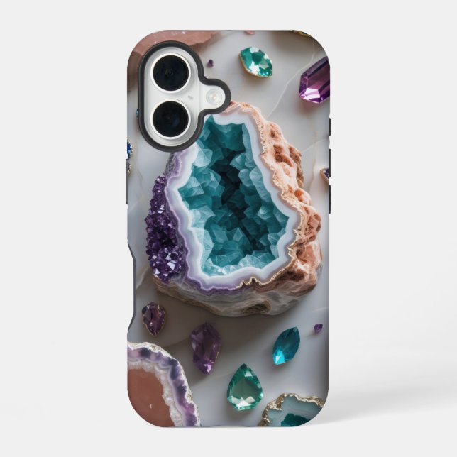 Coque iPhone 16 Géode de sarcelle océanique avec gemmes d'améthyst (Verso)