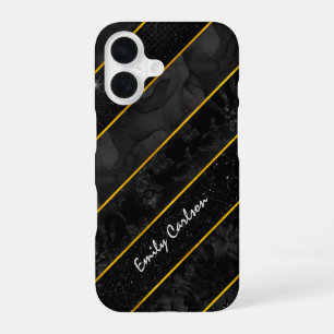 Coque iPhone 16 Géométrique pailleté or noir élégant