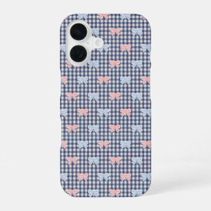 Coque iPhone 16 Gingham Bleu Blanc Rose Bleu Coquette Tendances