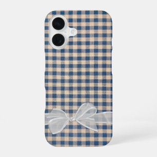 Coque iPhone 16 Gingham en denim avec noeud blanc