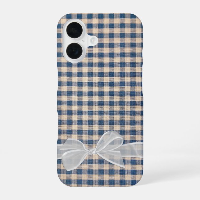 Coque iPhone 16 Gingham en denim avec noeud blanc (Verso)