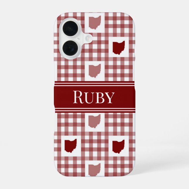Coque iPhone 16 Gingham rouge de l'Ohio (Verso)