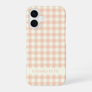 Coque iPhone 16 Gingham Vichy Buff Check Carreaux Nom Pastel pêche