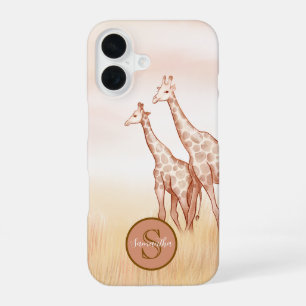 Coque iPhone 16 Girafe Bohème Aquarelle Monogramme Personnalisé