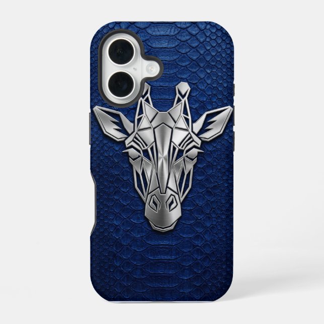 Coque iPhone 16 Girafe Géométrique Chrome Argent Python Bleu iPhon (Verso)