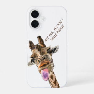 Coque iPhone 16 Girafe Joueuse Langue Dehors avec Texte Votre Drôl