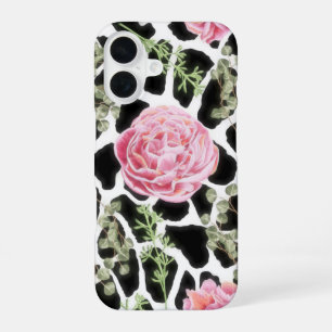 Coque iPhone 16 Girafe rose et noire Motif et fleurs